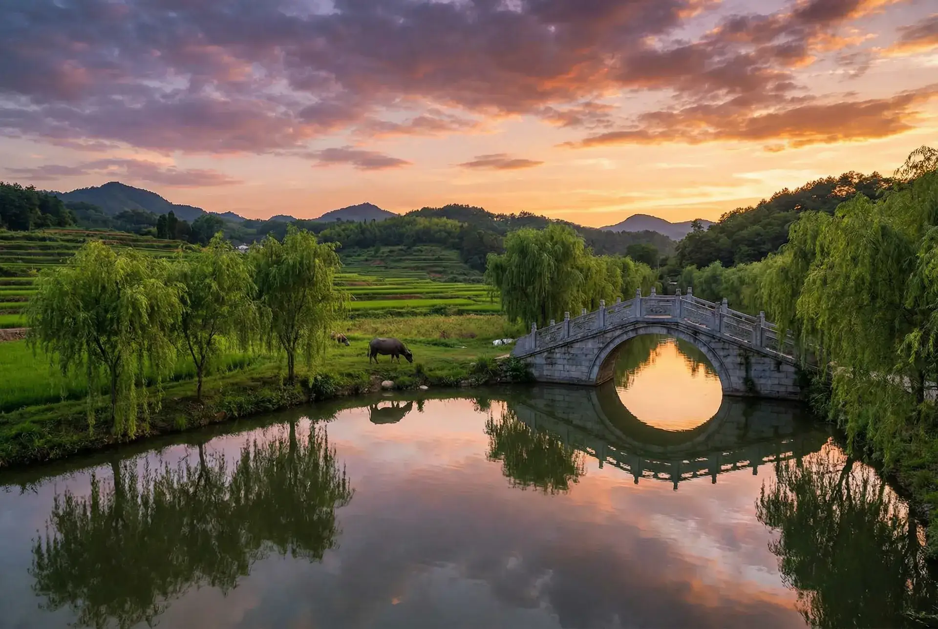 夕阳下的石拱桥与垂柳，水牛在河边吃草 - 纵情欲海3完整版 乡村美景